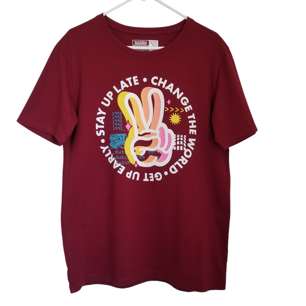 Mens Burgundy Wine Dutch Bros Crew Neck Short Sleeve Tee Size Large